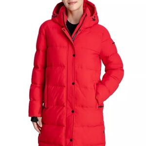 BCBGMaxAzria Vibrant Red Hooded Puffer Coat